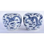A PAIR OF 19TH CENTURY CHINESE BLUE AND WHITE PORCELAIN GLOBULAR CENSERS bearing Kangxi marks to
