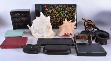 A Mixed Lot containing 2 Conch Shells, A Lacquered Photo Album, A Miniature Lacquer Chest, a Gun