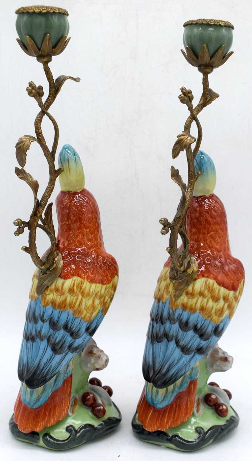 A pair of ormolu mounted porcelain parrot candle stick holder 39 cm (2) - Image 4 of 8