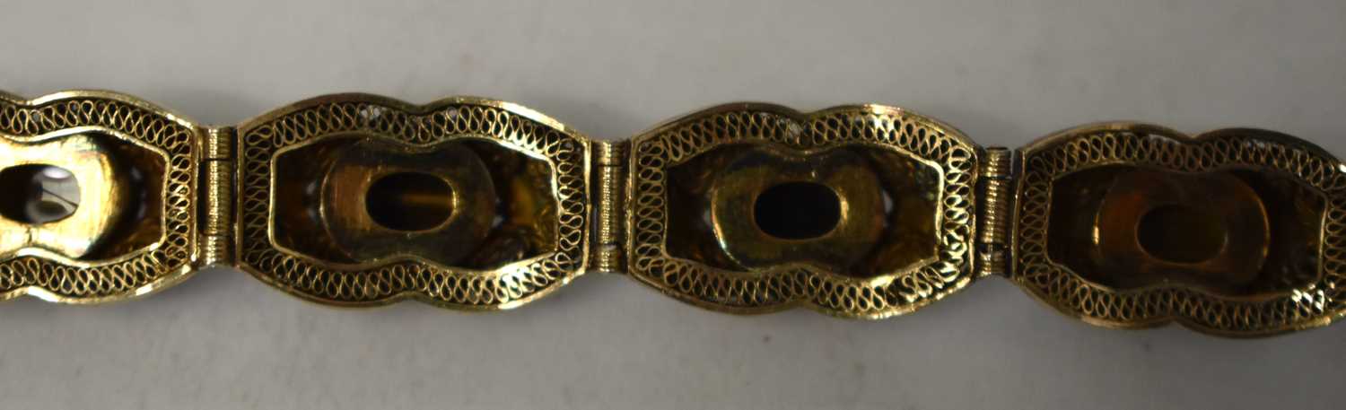 A LATE 19TH CENTURY CHINESE SILVER GILT ENAMEL AND TIGERS EYE BRACELET. 29 grams. 18cm long. - Image 8 of 15