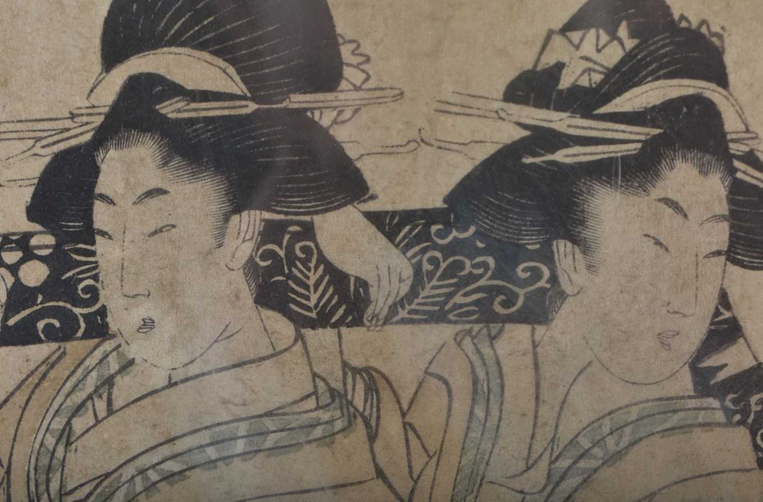 A 19TH CENTURY JAPANESE MEIJI PERIOD WOODBLOCK PRINT depicting four geisha within a landscape. 52 cm - Image 3 of 5