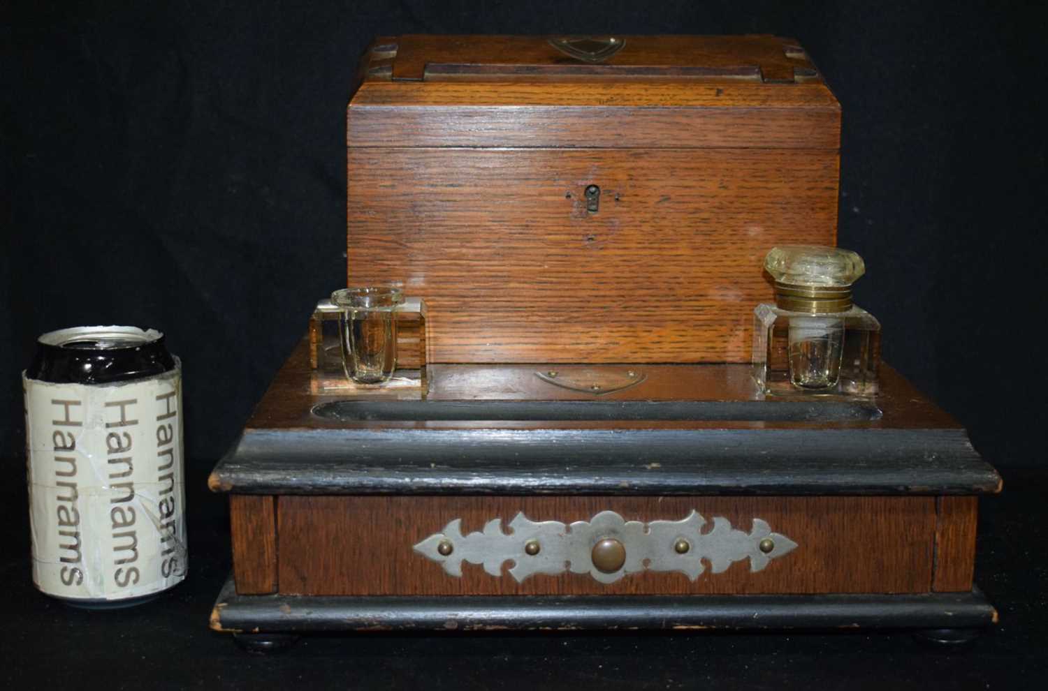 A 19th Century Oak Desk top stationary stand with a silver presentation plaque dated 1880 25 x 31 - Image 2 of 8