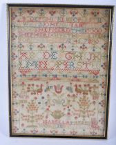 A MID 19TH CENTURY FRAMED EMBROIDERED SAMPLER by Isabella Henry 1844. 42 cm x 32 cm.