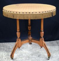 An antique Marsh & Jones Elm side table on castors with an upholstered covered top 62 x 61 cm