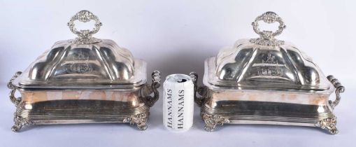 A LARGE PAIR OF LATE 18TH/19TH CENTURY ENGLISH SILVER PLATED TUREENS with probably silver armorial