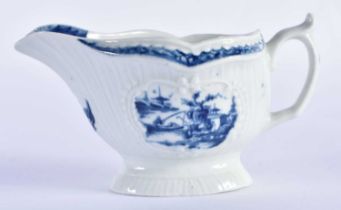 Worcester strap fluted small size sauceboat painted with the Little Fisherman pattern c. 1760