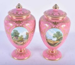 A LOVELY PAIR OF ANTIQUE MINTON PORCELAIN VASES AND COVERS painted with landscapes and maritime