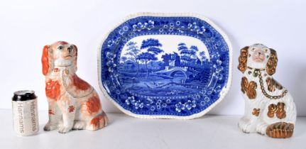 Two staffordshire flat back dogs together with a Copeland Spode meat platter 43 x 33 cm (3)