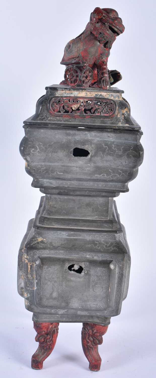 A 19TH CENTURY CHINESE PEWTER CENSER AND COVER Qing. 38 cm x 12 cm. - Image 5 of 8
