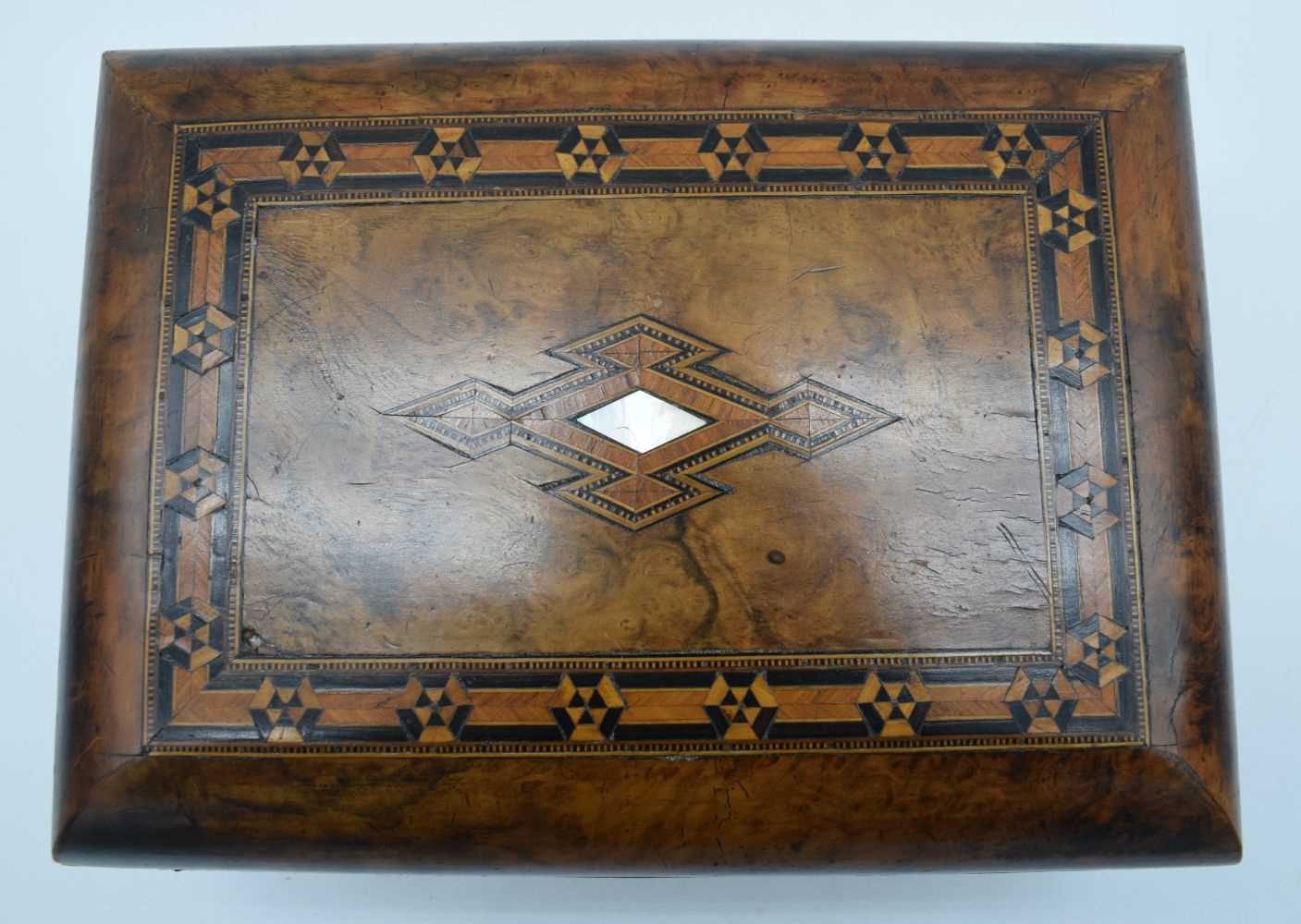 A 19th Century inlaid wooden sewing box with central mother of pearl central decoration 14 x 28 x - Image 6 of 12