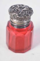 An Edwardian Cranberry Glass Scent Bottle with Silver Top. Hallmarked Birmingham 1903. 4.1cm x 2.5