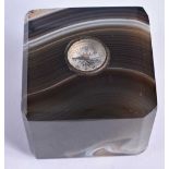 A Compass mounted in a Banded Agate Block. 4.4cm x 4.6 cm x 4.7cm