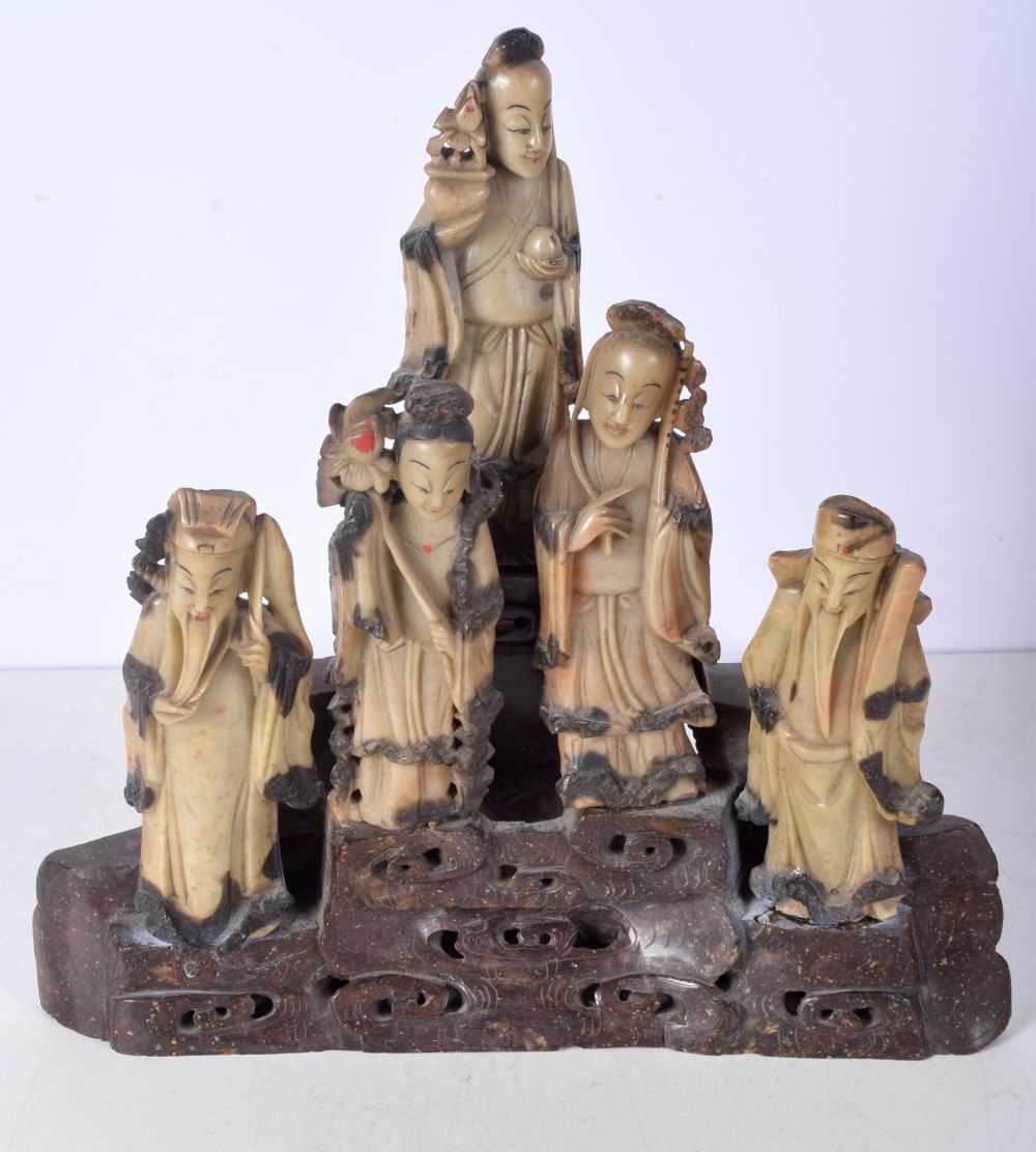 A Large Carved Soapstone Figural Group. 27cm x 27cm x 6 cm