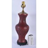 A LATE 19TH/20TH CENTURY CHINESE CARVED IMITATION CINNABAR LACQUER POTTERY LAMP Late Qing. 47 cm