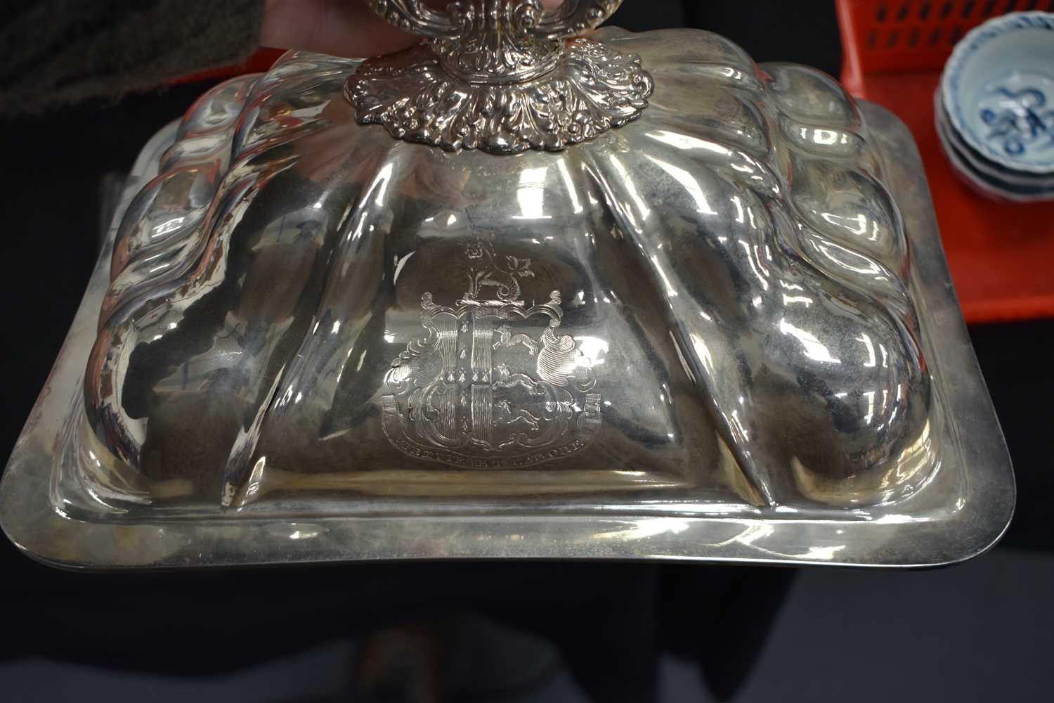 A LARGE PAIR OF LATE 18TH/19TH CENTURY ENGLISH SILVER PLATED TUREENS with probably silver armorial - Image 13 of 27