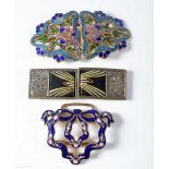 Two Pairs of Enamel Buckles together with another Buckle. Largest 8 cm x 4.2 cm, total weight 60g (
