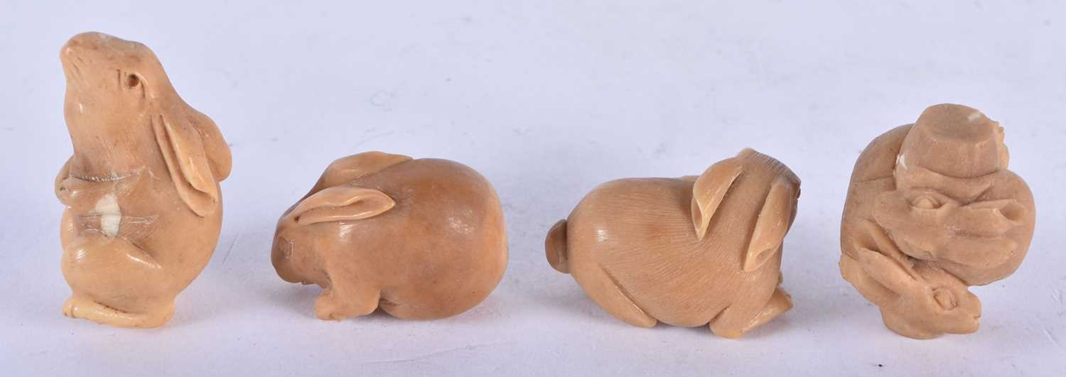 Four Nut Netsukes carved as Rabbits in various poses. Largest 3.2 cm x 2.3 cm x 2.1cm, total - Image 2 of 3