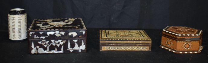 A mother of Pearl inlaid box with two middle Eastern boxes largest 8 x 18.5 x 18.5 cm (3)