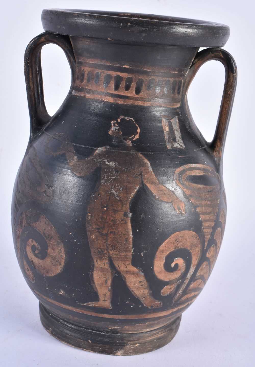 AN EARLY SOUTHERN EUROPEAN ATTIC TYPE TWIN HANDLED POTTERY VASE painted with figures. 22 cm x 12 - Image 2 of 4