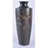 A 19TH CENTURY JAPANESE MEIJI PERIOD BRONZE SILVER INLAID VASE depicting a cockerell perched amongst