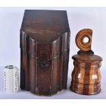 A LARGE GEORGE III MAHOGANY COUNTRY HOUSE KNIFE BOX together with an unusual Antique treen carved