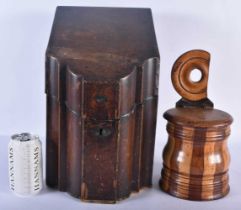 A LARGE GEORGE III MAHOGANY COUNTRY HOUSE KNIFE BOX together with an unusual Antique treen carved