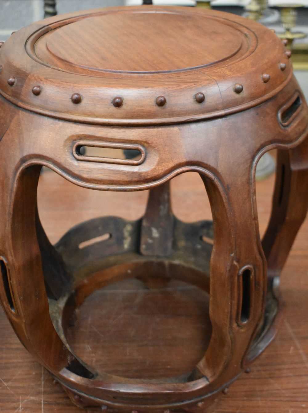 A PAIR OF EARLY 20TH CENTURY CHINESE HARDWOOD DRUM STOOLS. 45cm x 30cm. - Image 3 of 7