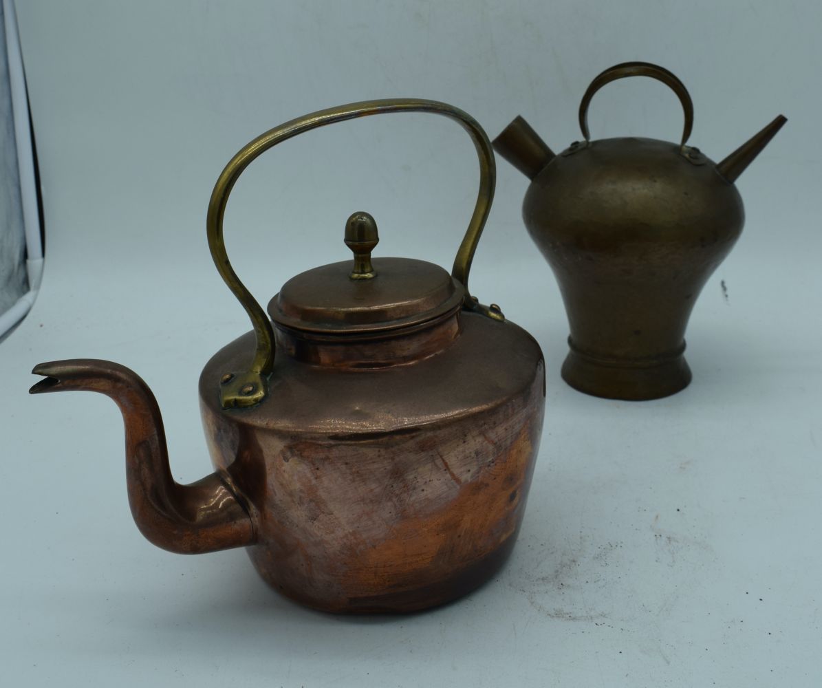 An antique copper Aran jug together with an antique Iron, copper kettle , Kettle Trivet etc - Image 10 of 10