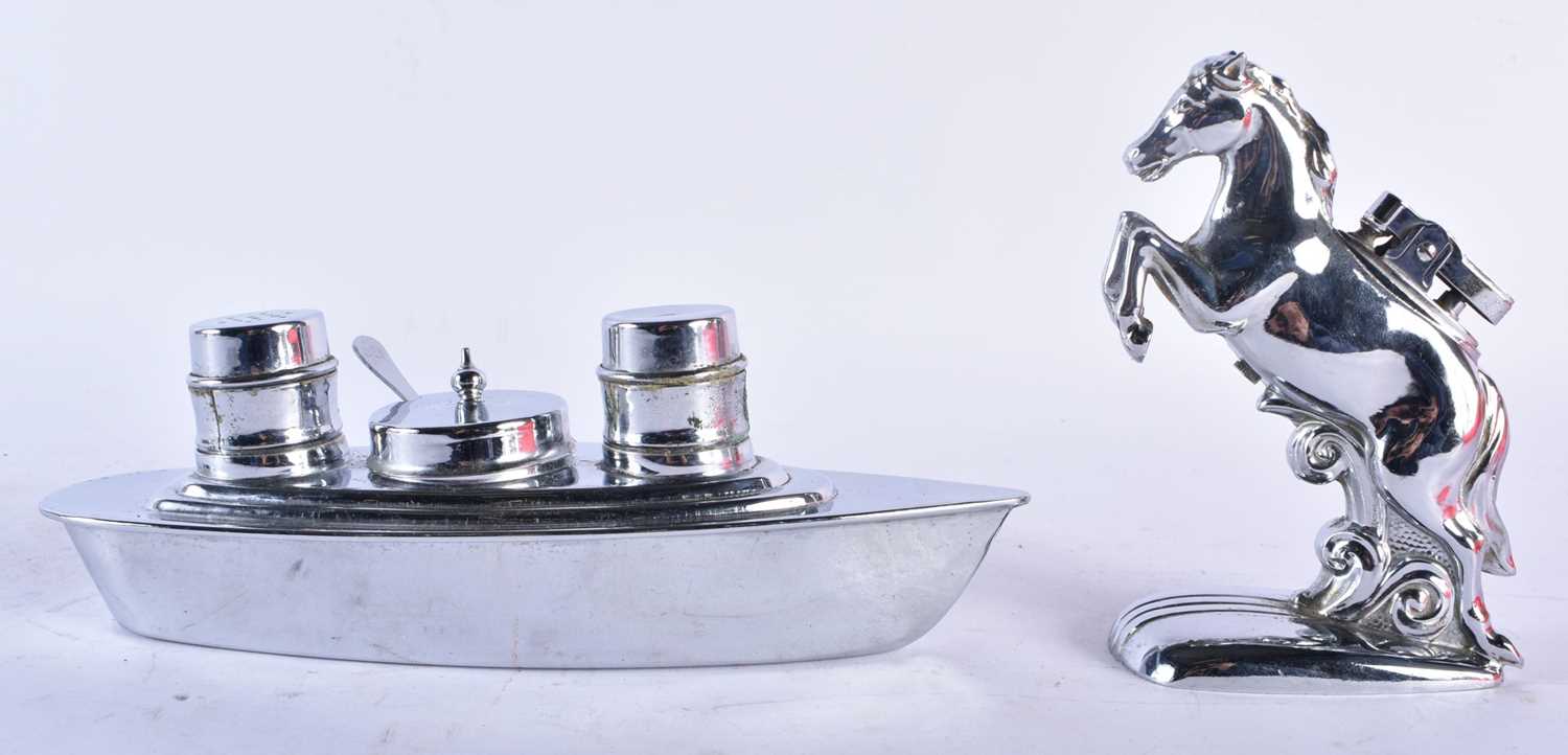 AN UNUSUAL NOVELTY MARITIME CRUET SET together with a rare horse lighter. Largest 18cm wide. (2)