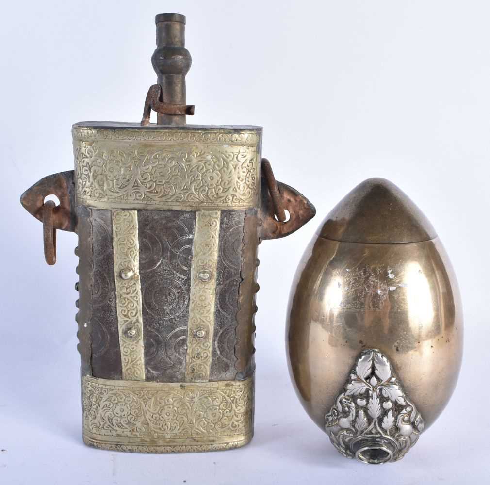 AN ANTIQUE BRONZE HOOKAH PIPE BASE overlaid with possibly silver lions, together with a Middle