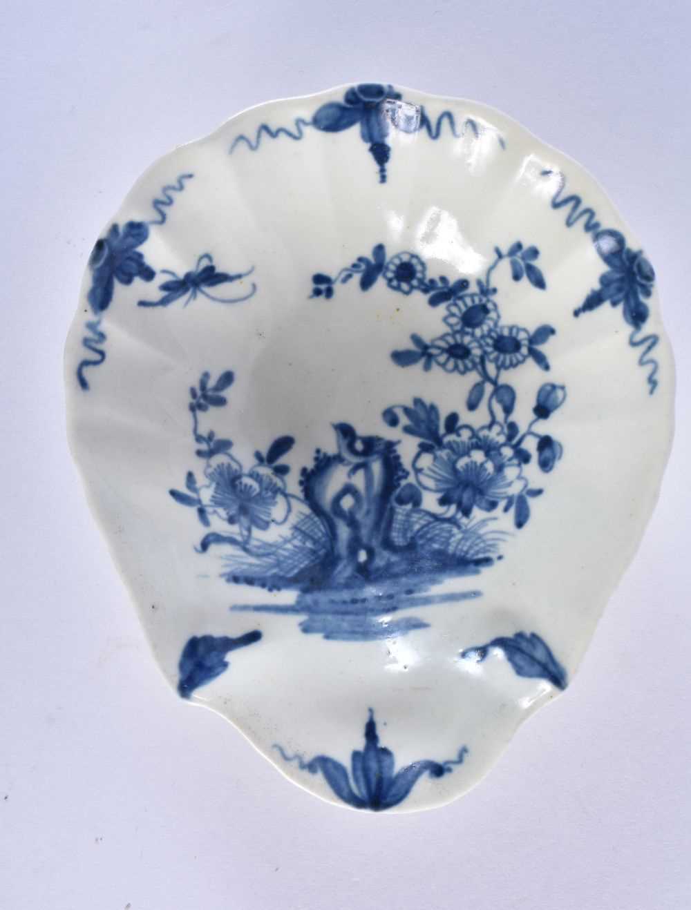 Worcester shell pickle dish of moulded scallop shell shape, painted in blue with 'The Two Peony Rock - Image 2 of 3