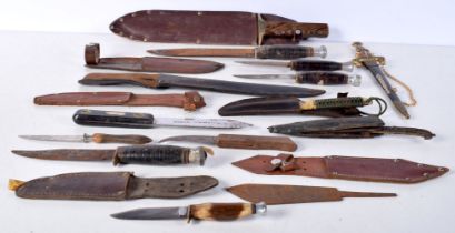 A collection of Vintage knives with wound leather handled grips together with a Bowie Knife ,