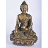 A 19TH CENTURY CHINESE BRONZE FIGURE OF A SEATED BUDDHA modelled upon a lotus capped base. 12 cm x 6