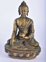 A 19TH CENTURY CHINESE BRONZE FIGURE OF A SEATED BUDDHA modelled upon a lotus capped base. 12 cm x 6