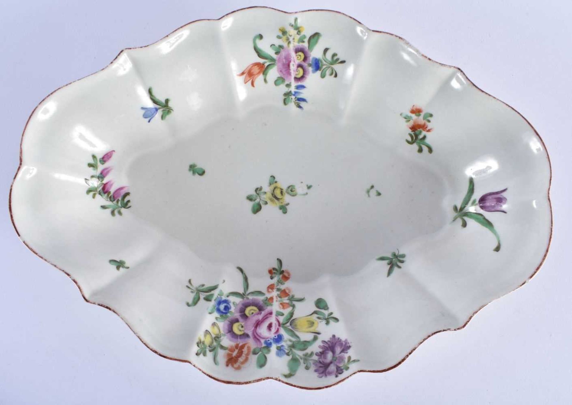 AN 18TH CENTURY WORCESTER PORCELAIN LOBED DISH painted with flowers, together with another 18th - Image 2 of 5