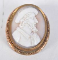 An Antique Cameo Brooch depicting an 18th Century Sailor with Gold Mounts. 5 cm x 4.1cm, weight 19.