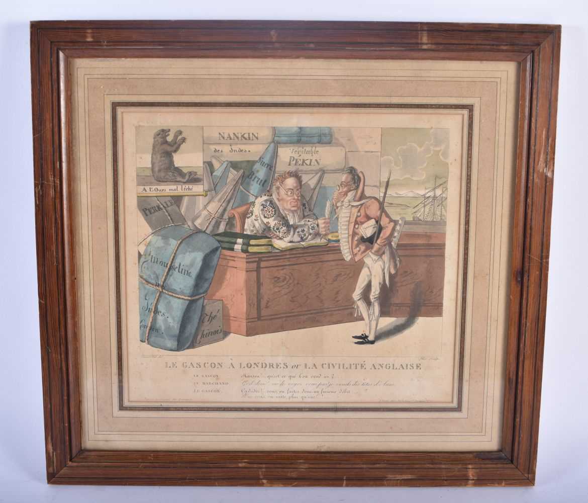 AN 18TH/19TH CENTURY FRENCH COLOURED SATIRICAL ENGRAVING. 42 cm x 42 cm.