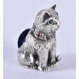 A SILVER CAT PIN CUSHION. 12.8 grams. 2.5 cm x 1.75 cm.