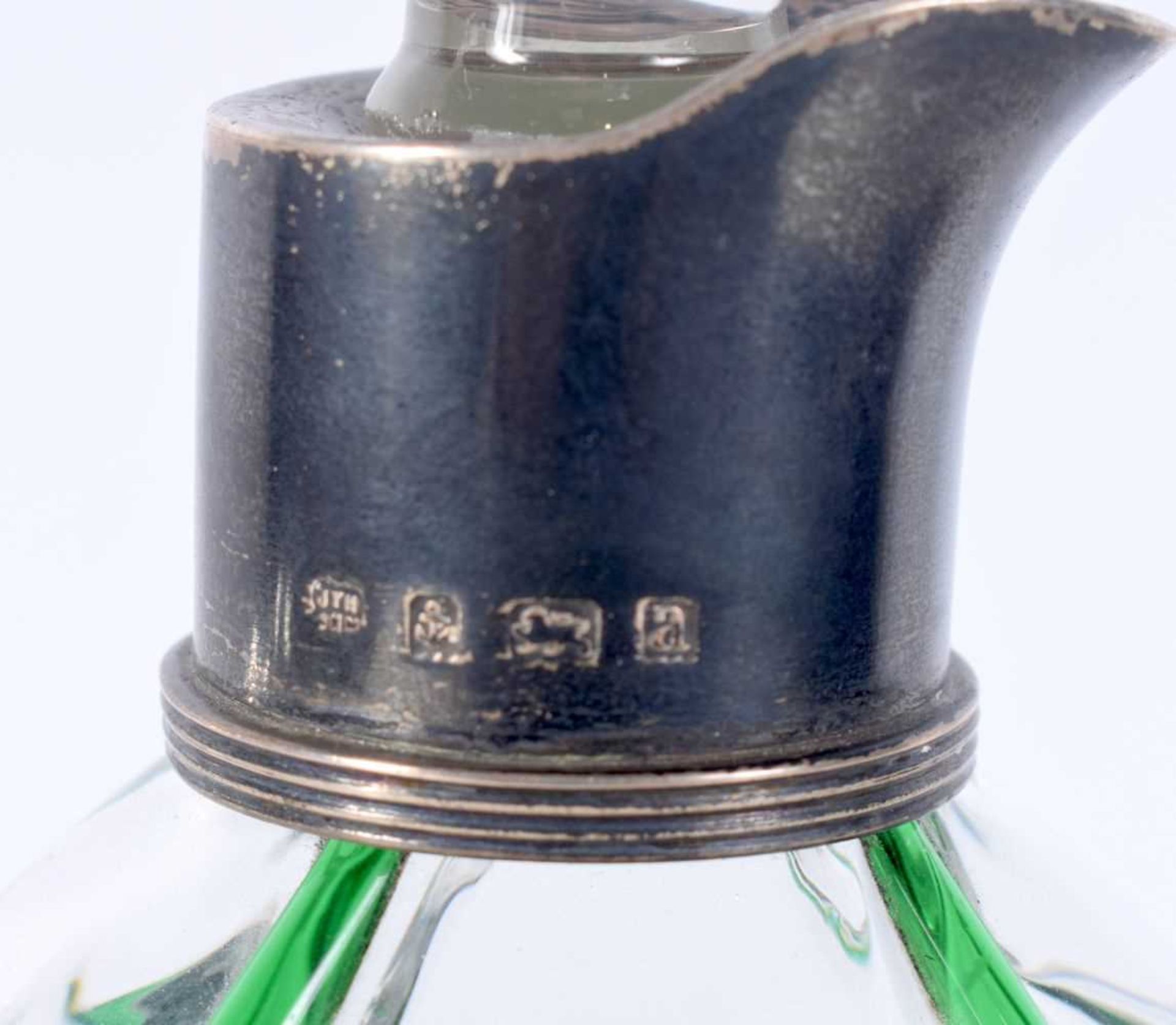 A Victorian Moulded Glass Decanter with Green Glass Drip Decoration and Silver Mounts Hallmarked - Image 2 of 3