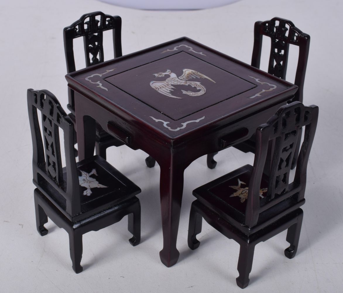 A Chinese miniature hardwood table and chairs with mother of pearl inlay together with a pair of - Image 10 of 10