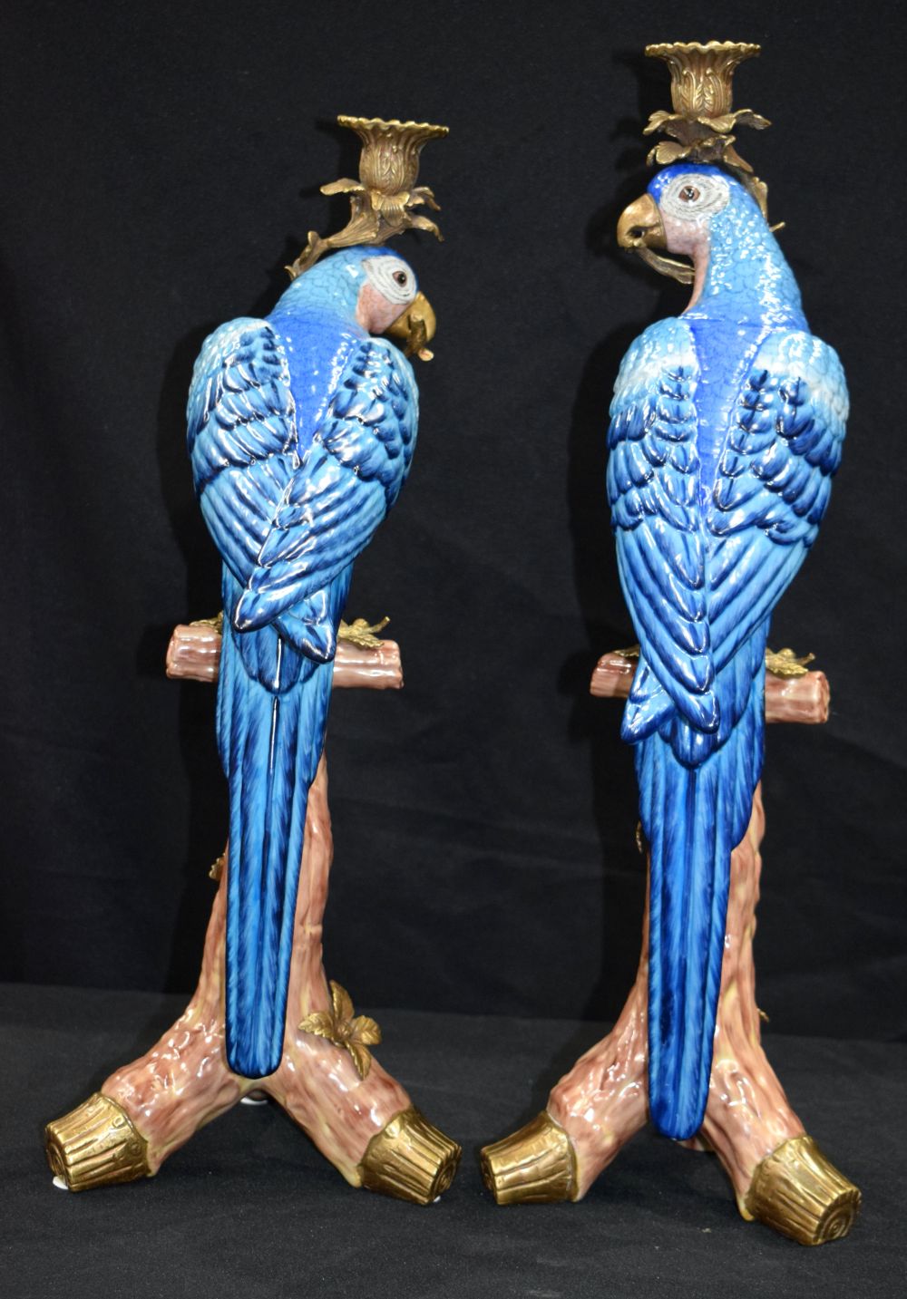 A large pair of Ormolu mounted porcelain parrot candlesticks 48 cm (2) - Image 6 of 6