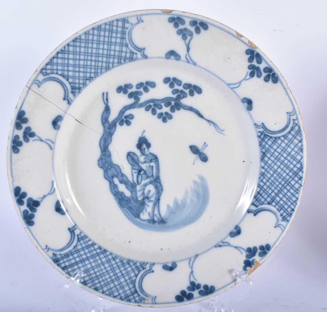 THREE 18TH CENTURY DELFT TIN GLAZED POTTERY PLATES one painted with a single figure, two painted - Image 4 of 6