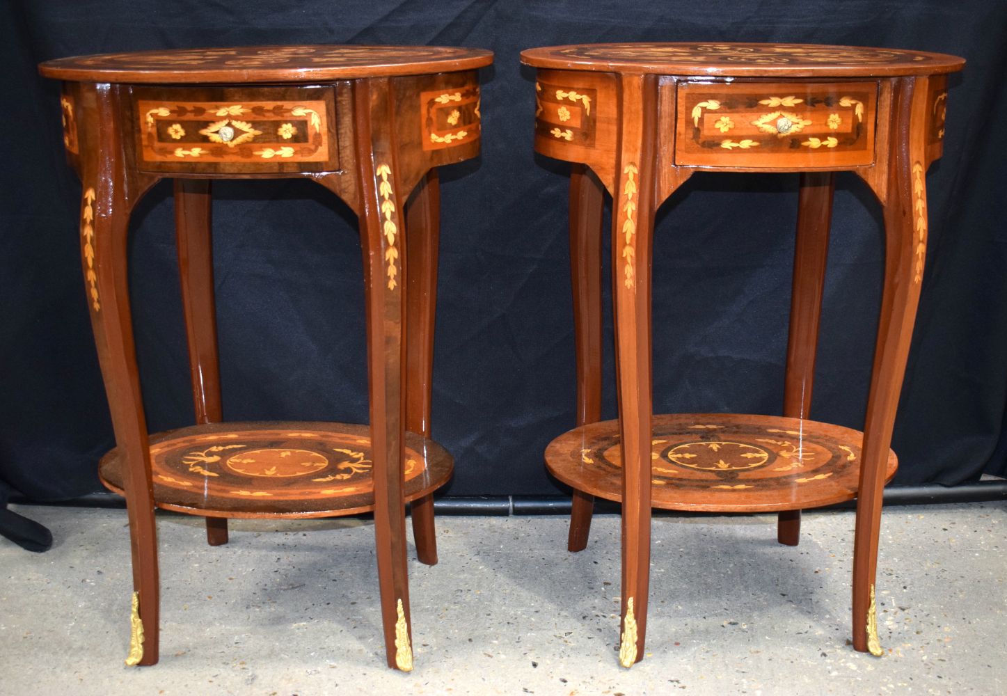 A near pair of Baroque style inlaid Oval side 1 drawer tables 73 x 53 x 40 cm (2)