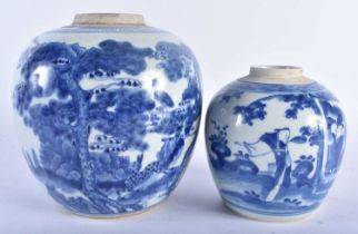 TWO CHINESE QING DYNASTY BLUE AND WHITE PORCELAIN GINGER JARS. Largest 18cm x 14 cm. (2)