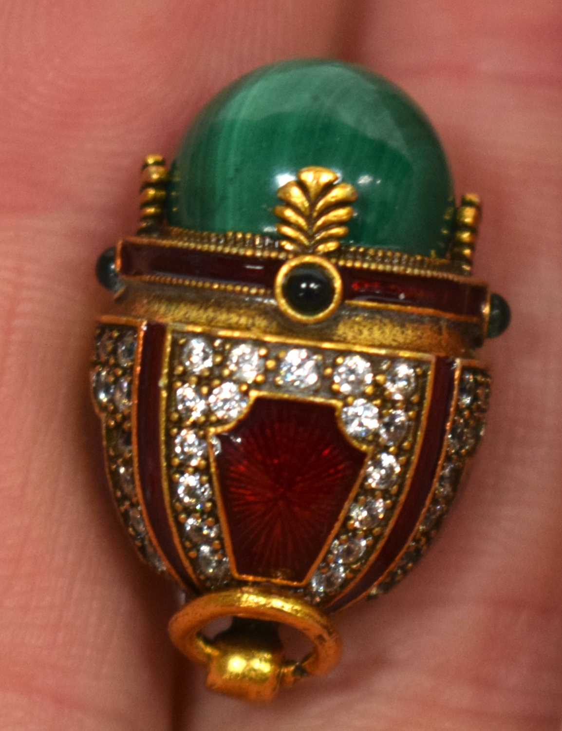 A Continental Silver Gilt, Enamel and Malachite Egg Pendant. Stamped 84, 2.6 cm x 1.7cm, weight 10. - Image 5 of 11