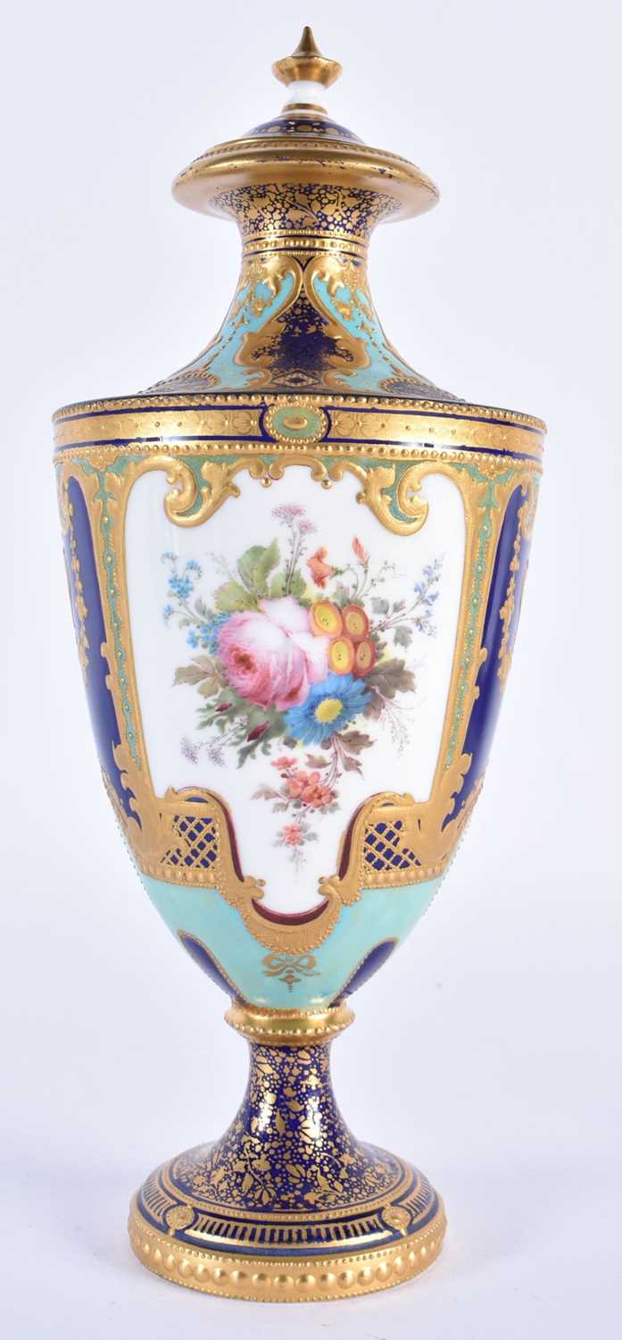 Royal Crown Derby vase and cover painted with musical instruments and flowers on a turquoise and - Image 3 of 5
