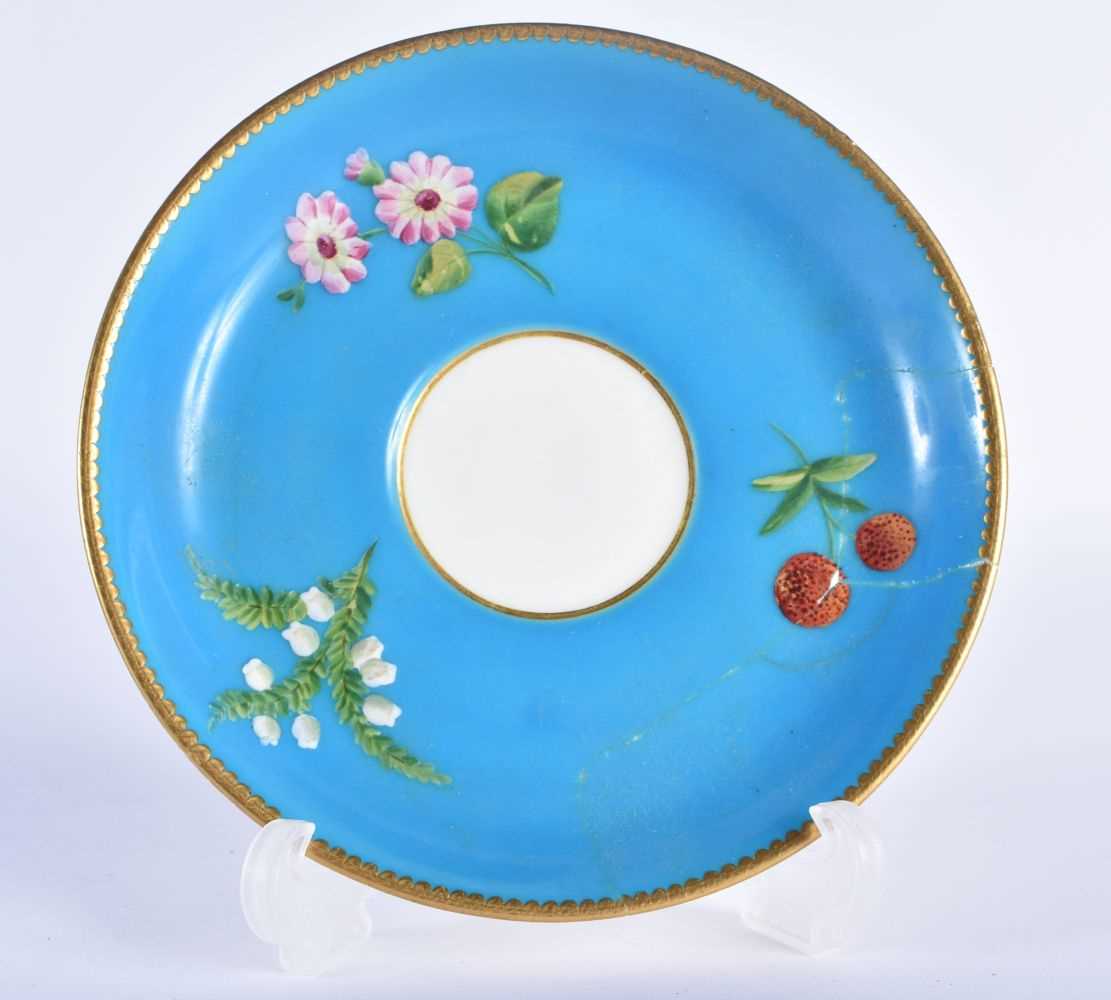 Minton coffee cup, teacup and saucer with turquoise ground painted in raised enamels with flowers ( - Image 8 of 10