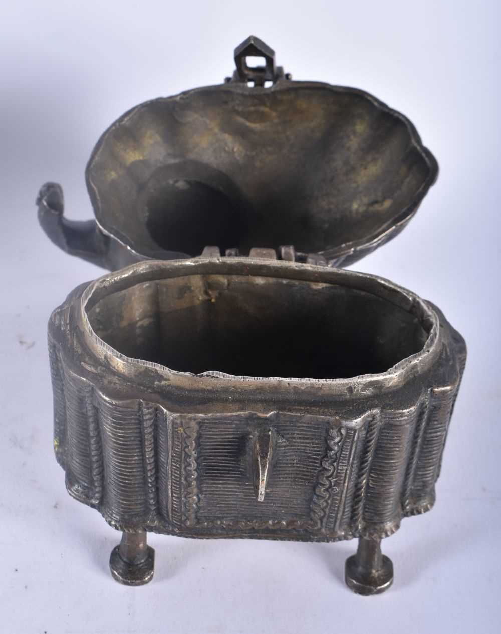 AN ANGLO INDIAN SILVER PLATED CARVED WOOD ELEPHANT BISCUIT BARREL AND COVER together with a bronze - Image 3 of 7