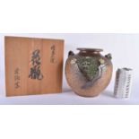 A JAPANESE STONEWARE STUDIO POTTERY VASE decorated with foliage. 20 cm x 15 cm.