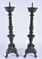 A LARGE PAIR OF 18TH CENTURY DUTCH BRONZE PRICKET CANDLESTICKS. 48 cm high.